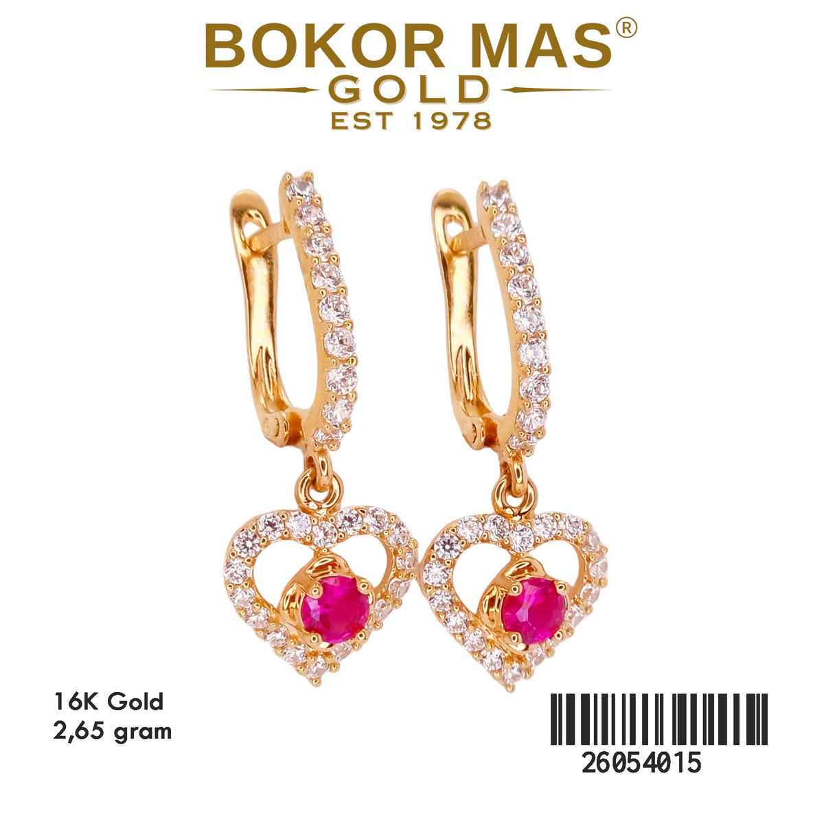 Anting Klip Hati Permata Merah - 16K