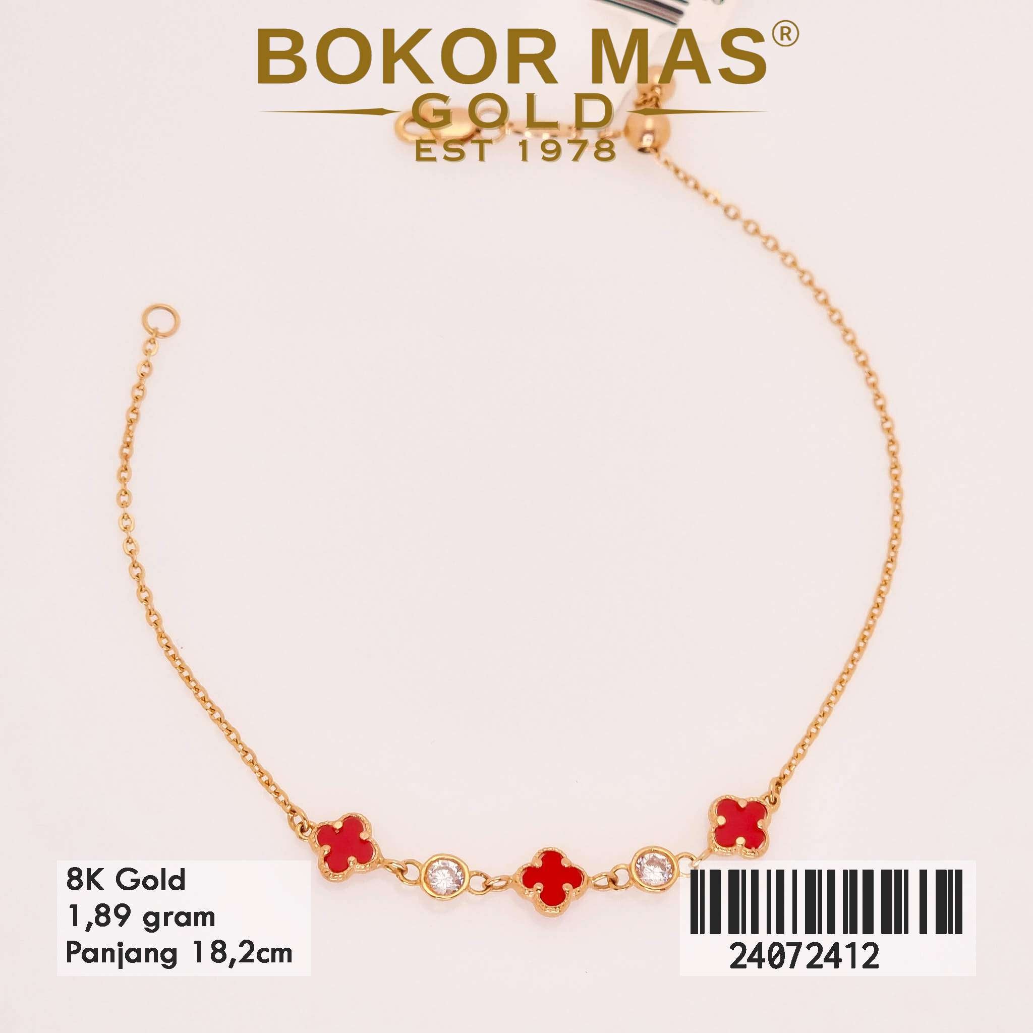 Gelang Rantai Siyem Variasi Serut Clover Tiga Merah Batu - 24072412 - 8K